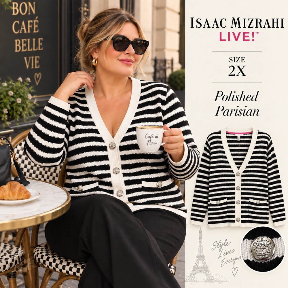 Isaac Mizrahi Cardigan Womens 2X Black White Striped Button Front Preppy New